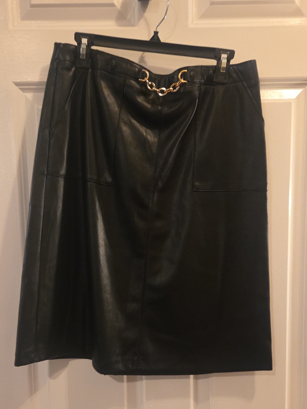 Andrew Marc Black Faux Leather Midi Skirt with Gold Chain Accent